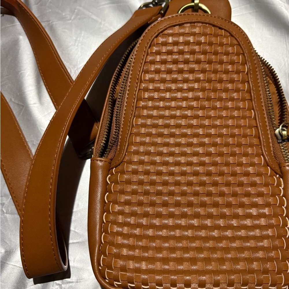 Anthropologie Woven Leather Mini Backpack in Cognac Brown